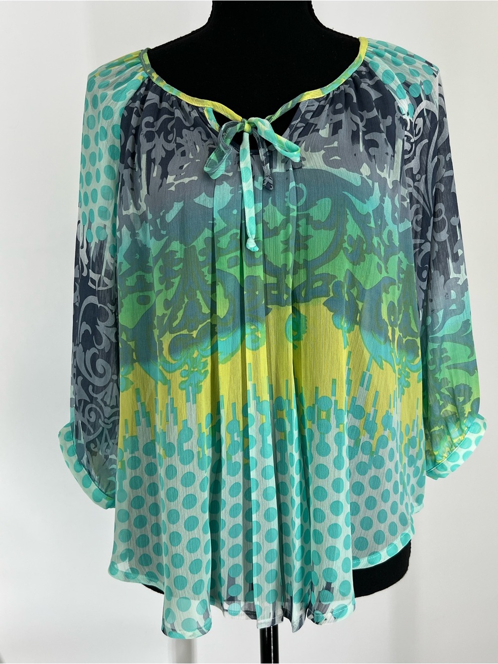 BCX Teal, Green & Yellow‎ Printed Peasant Blouse